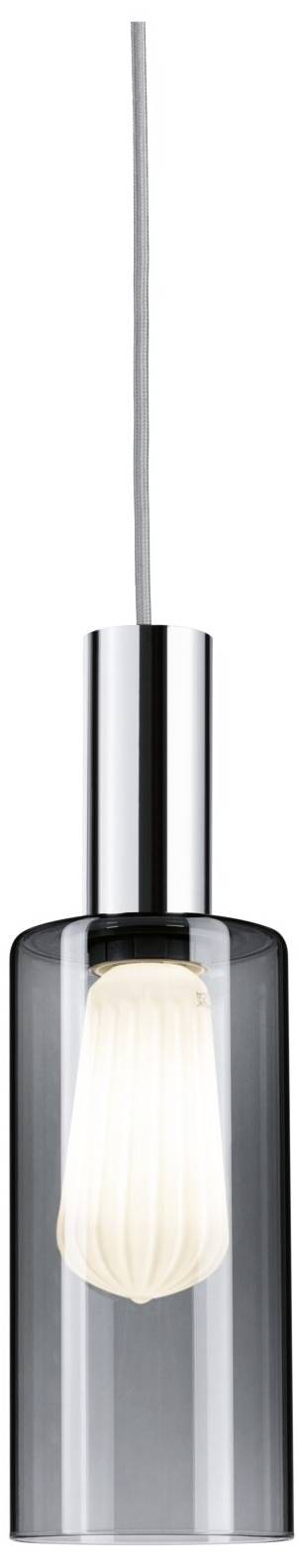 Transparente Pendelleuchte mit vertikalem zylinderförmigem Glasschirm und einer sichtbaren Glühbirne, von der Decke hängend.