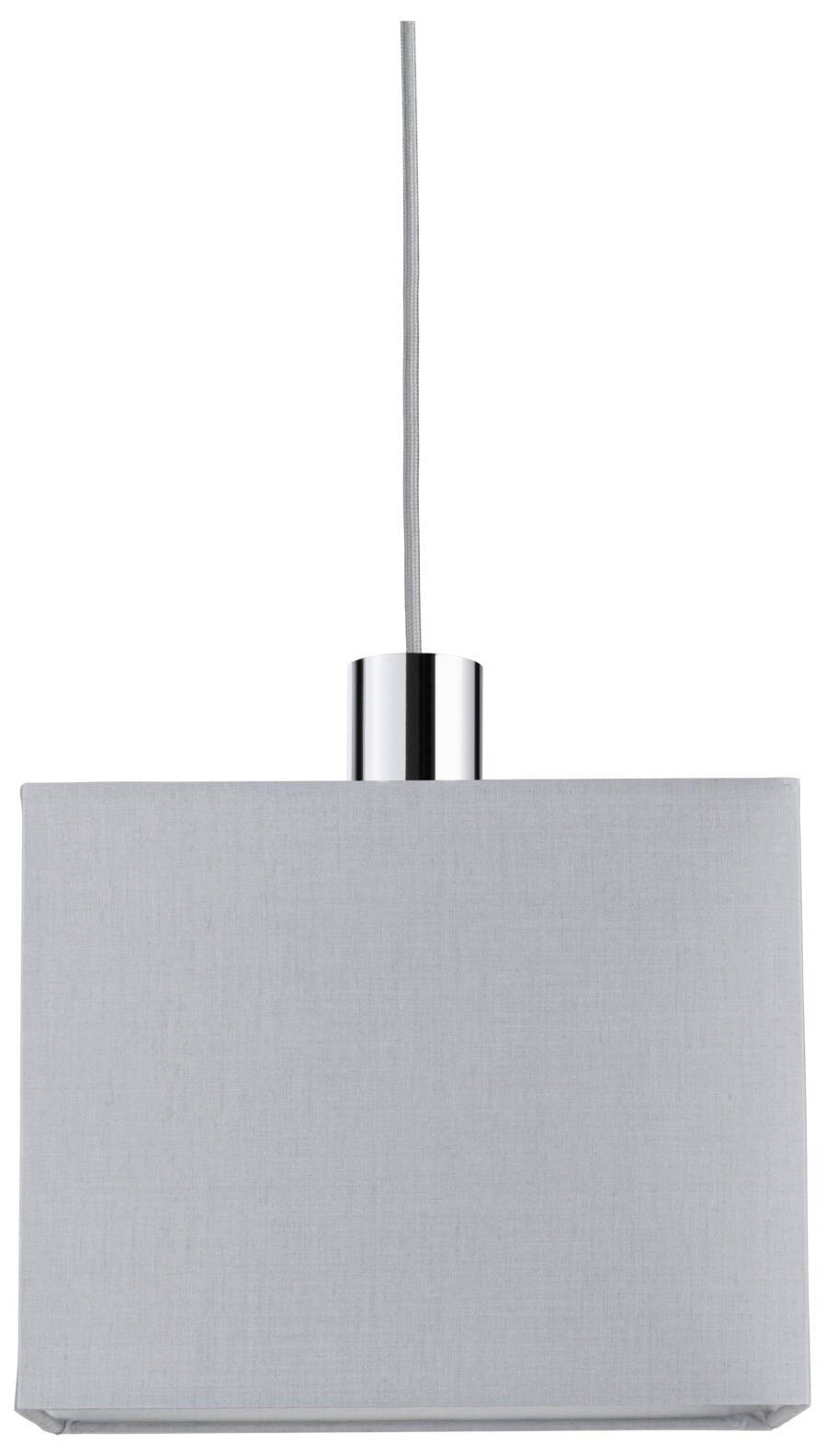 Eine moderne, graue Pendelleuchte mit rechteckigem Lampenschirm und metallischem Aufhängungselement, geeignet für Wohn- oder Essbereich.