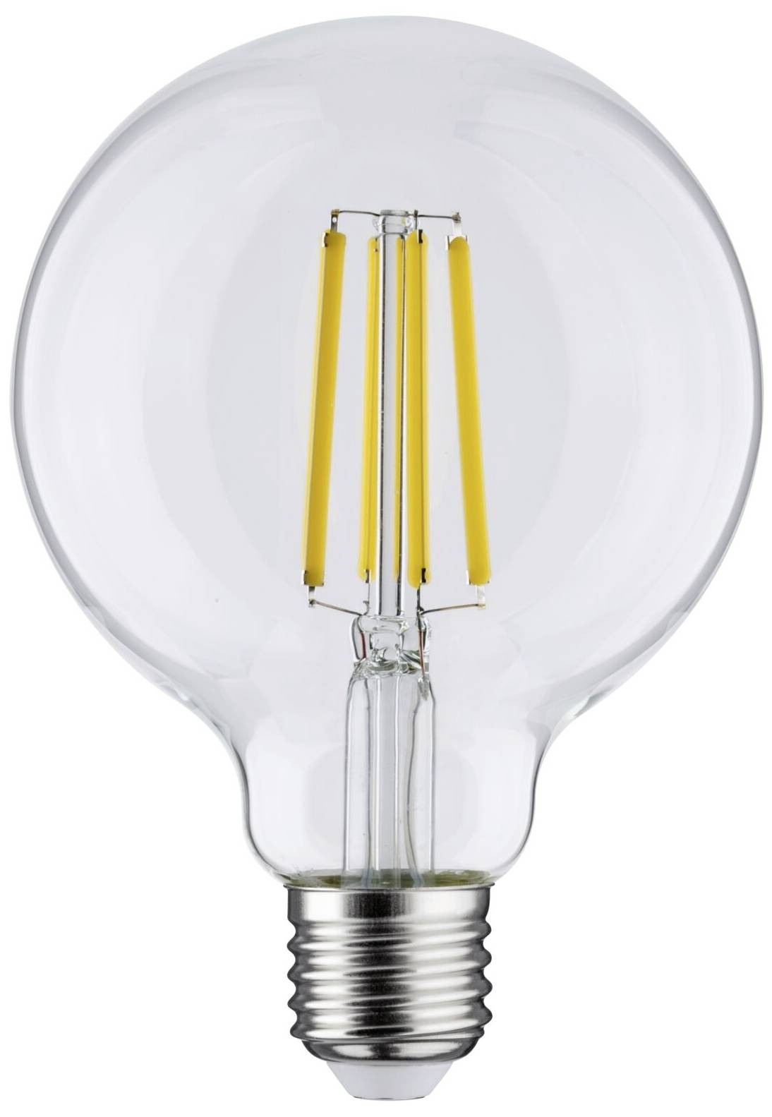 Glühbirne mit klarem Glas und sichtbaren Filamenten, die an traditionelle Kohlefadenlampen erinnern.