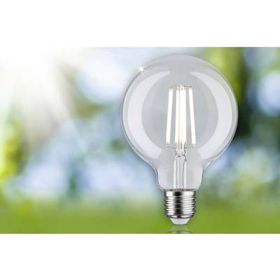 Eine Glühbirne, die Energie und Innovation symbolisiert, vor einem unscharfen grünen und blauen Hintergrund mit Sonnenlichtstrahlen.