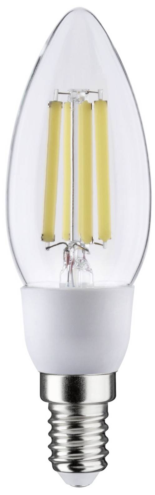 LED-Glühbirne in Kerzenform mit klarer Hülle und gelben Filamenten, geeignet für dekorative Beleuchtungselemente.