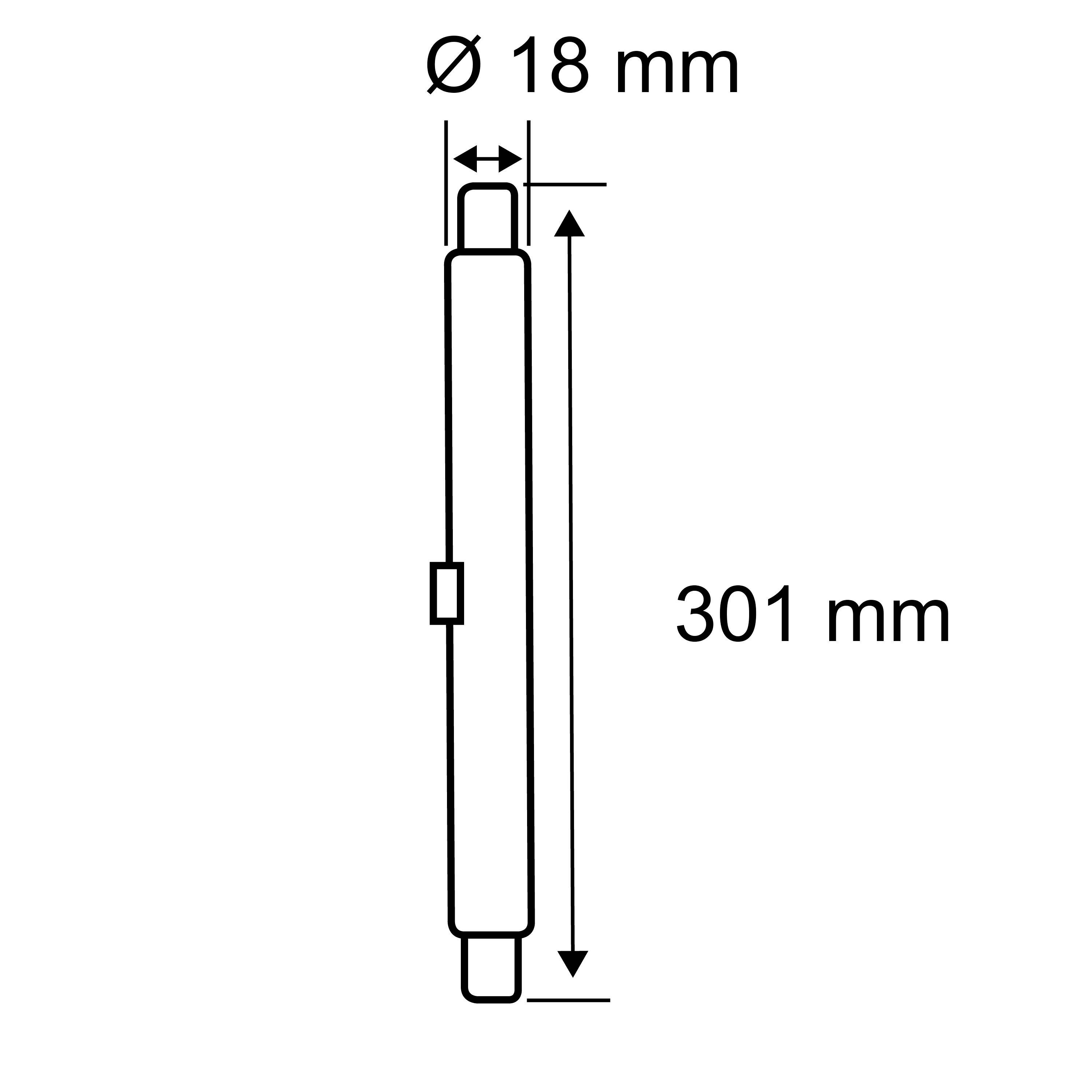 'Abbildung eines Stabs mit einem Durchmesser von 18 mm und einer Länge von 301 mm, seitlich dargestellt.'