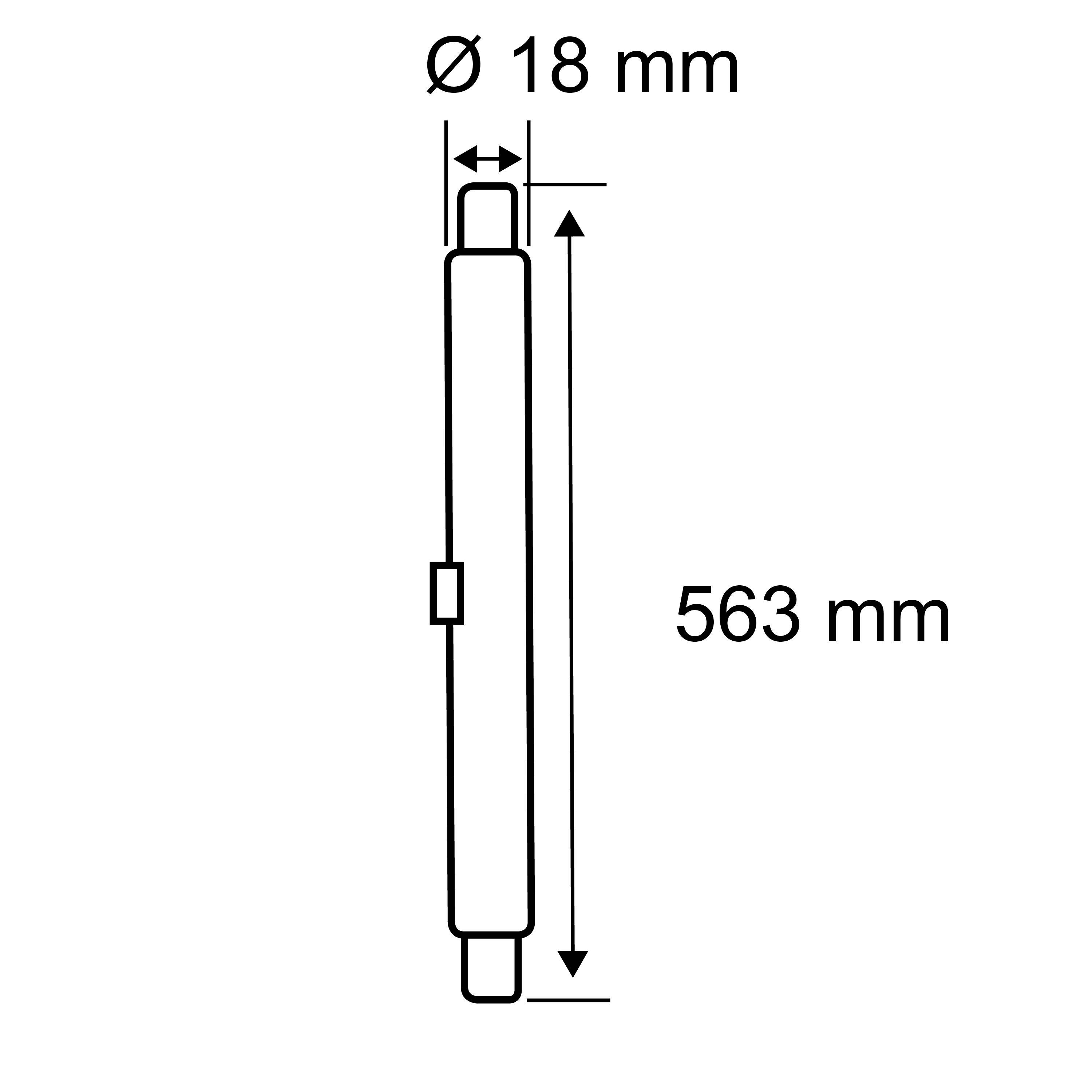 Technische Zeichnung eines zylinderförmigen Objekts mit einem Durchmesser von 18 mm und einer Länge von 563 mm.