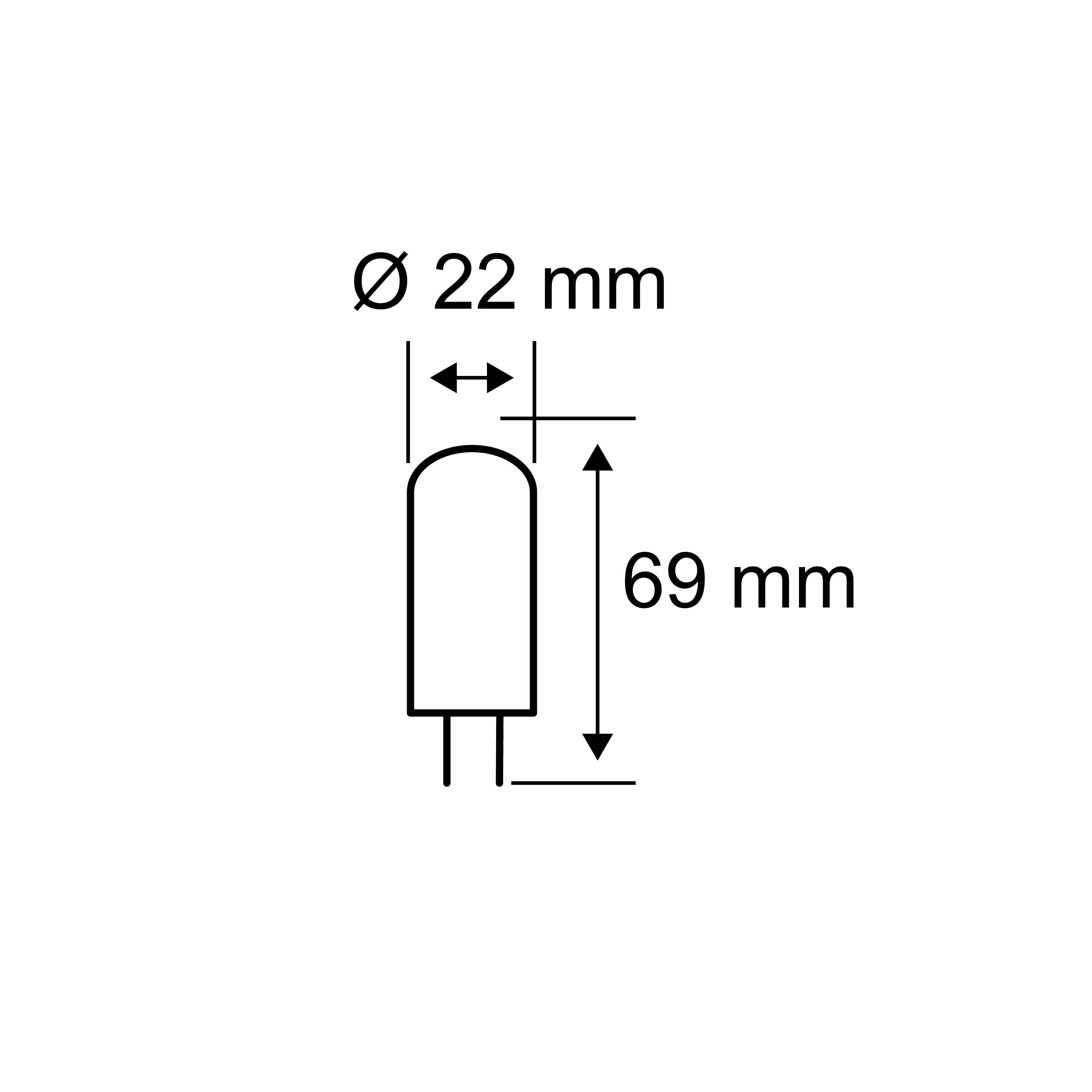 Skizze eines zylindrischen Objekts mit den Maßen: Durchmesser 22 mm, Höhe 69 mm.