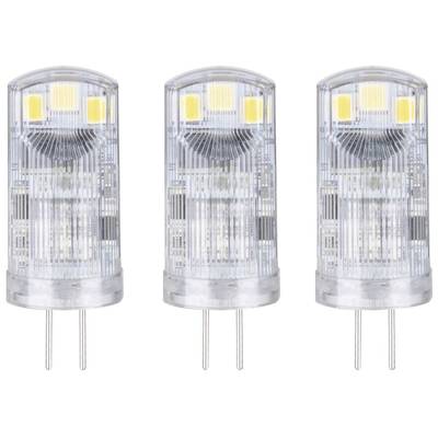 Drei identische LED-Stiftsockellampen nebeneinander auf weißem Hintergrund. Jede Lampe hat zwei Metallstifte für den Anschluss.