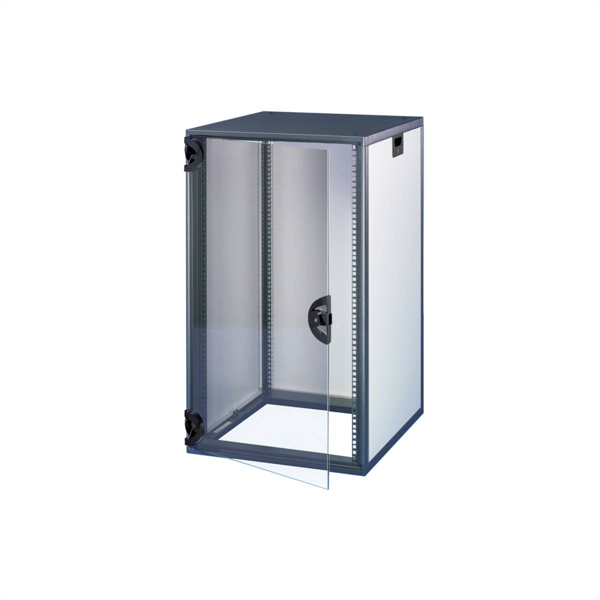 Metallgehäuse mit Glastür, teilweise geöffnet. Geeignet zur Unterbringung von Netzwerkausrüstung oder Kommunikationsgeräten.