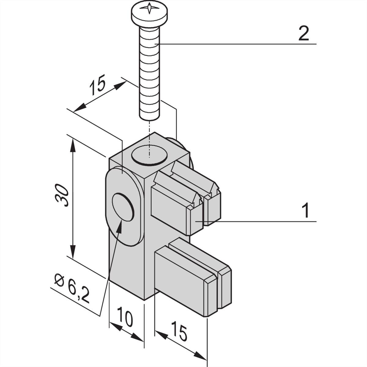 Technische Zeichnung eines Befestigungsclips mit Schraube. Maße: Höhe 30 mm, Breite 15 mm, Tiefe 10 mm, Bohrungsdurchmesser 6,2 mm.