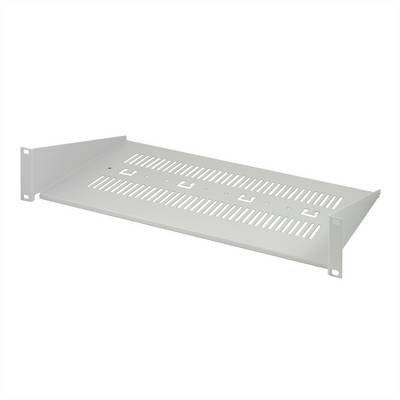 Ein weißes, wandmontierbares Metallregal mit Lüftungsschlitzen, geeignet für die Installation in Server-Racks oder Technikräumen.