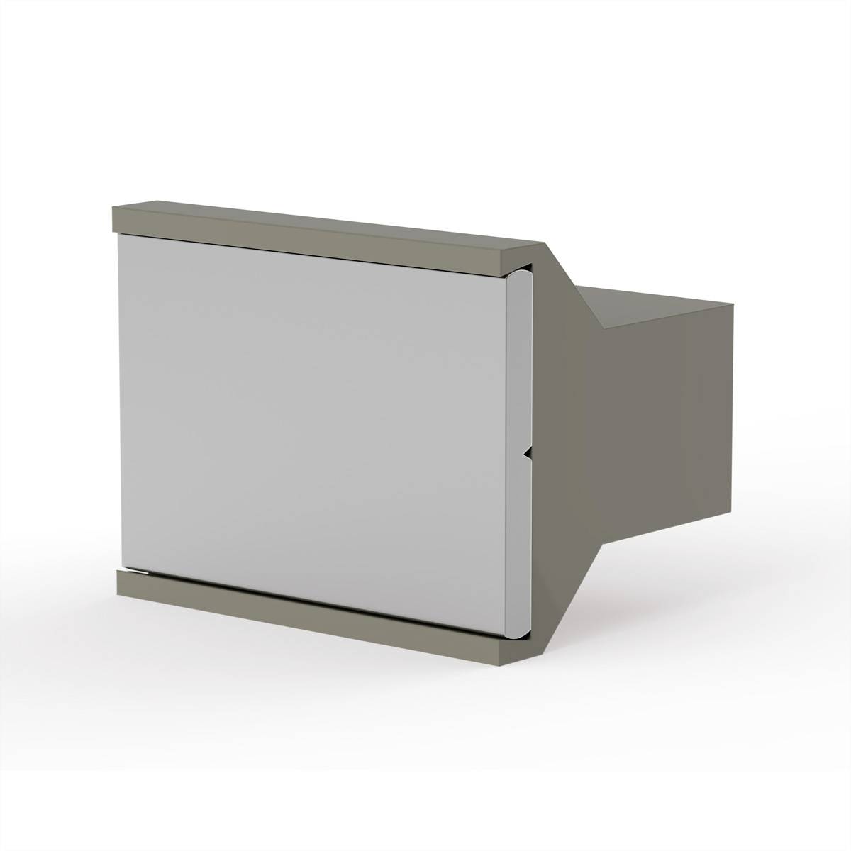 Metallener Winkelbeschlag mit rechteckiger Abdeckung, in grauer Farbe, auf neutralem Hintergrund.