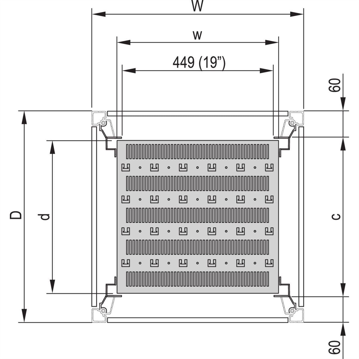 Technische Zeichnung eines rechteckigen Racks mit Maßen: Breite 449 mm (19 Zoll), Höhe 'c', Tiefe 'd'. zeigt die Struktur und Abmessungen.