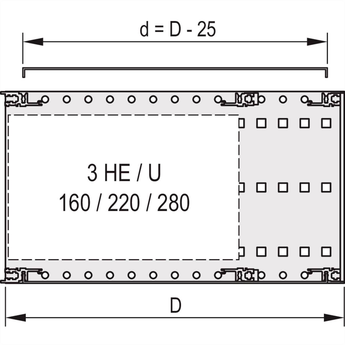 Technische Zeichnung eines 3 HE/U Gehäuses mit den Maßen 160/220/280. Breite ist gekennzeichnet als 'D' und 'd = D - 25'.