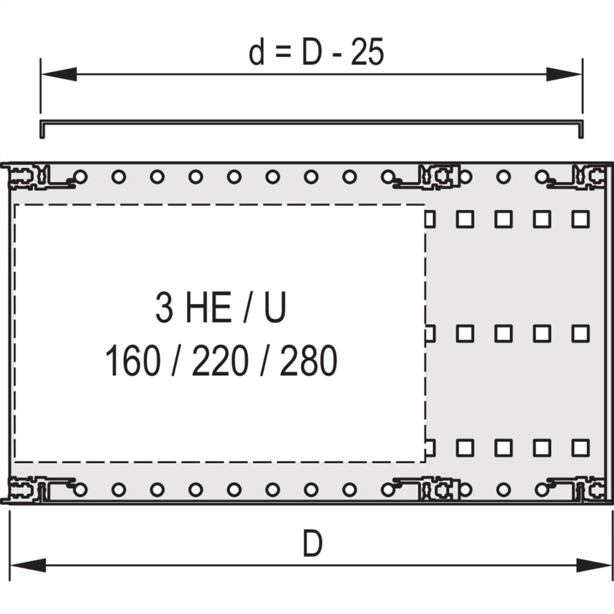 'Abmessungen einer rechteckigen Fläche. Höhe: 3 HE/U. Breite variabel: 160/220/280. Gesamtbreite: D, reduziert um 25.'