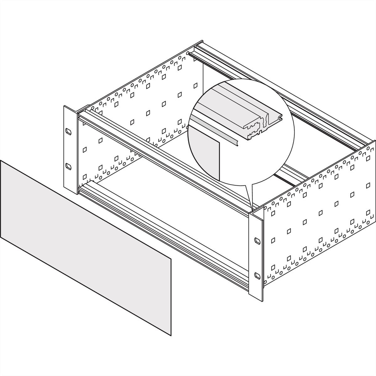 Diagramm einer Metallkonstruktion, die ein Schubladensystem zeigt. Ein vergrößerter Kreis hebt das Profil eines Schienenteils hervor.