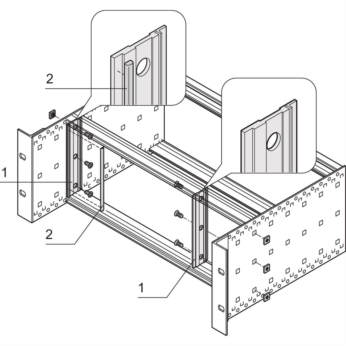 Diagramm einer strukturellen Verbindung mit Bezeichnung 1 und 2, die Verbindungselemente anzeigt.
