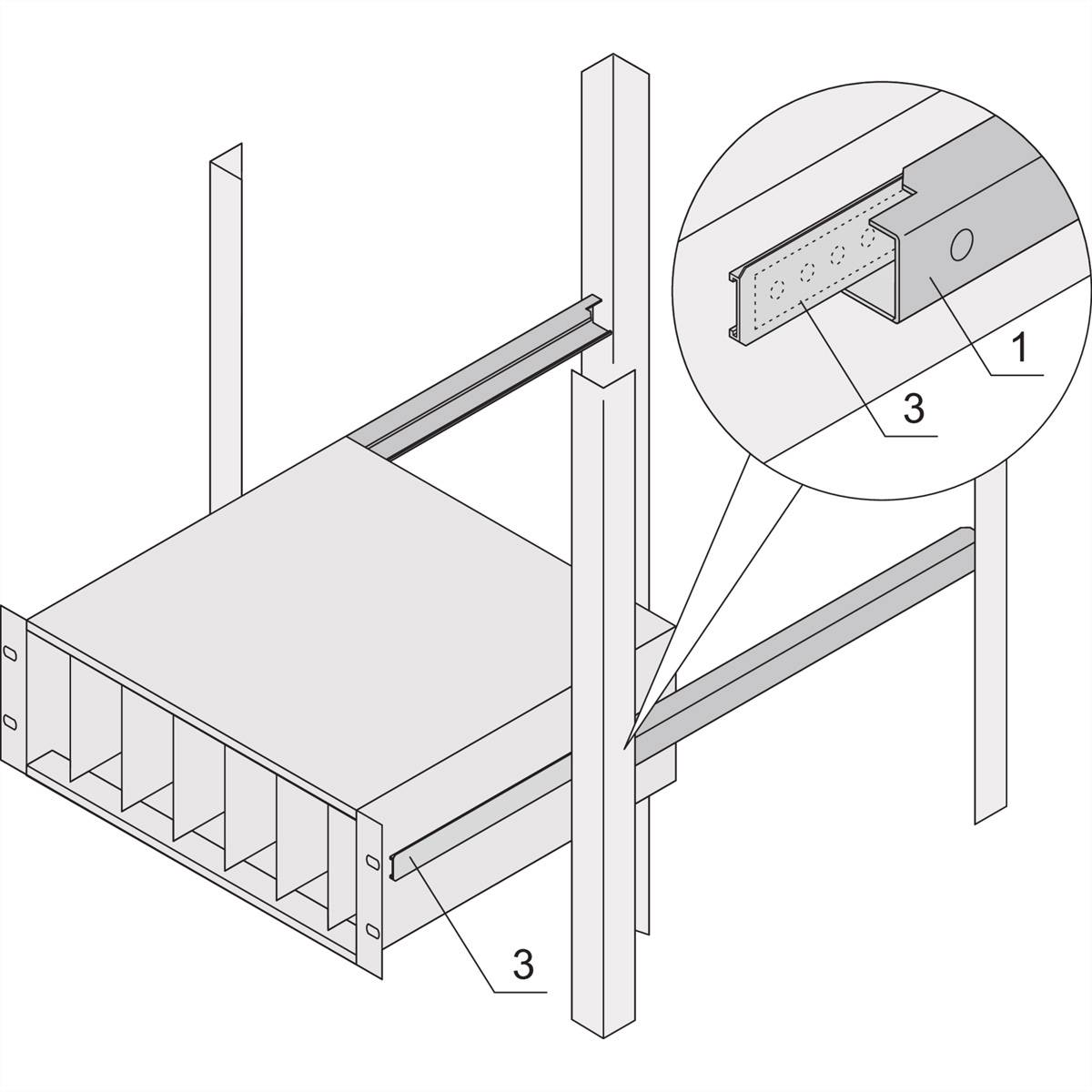 Ein Diagramm zeigt eine Regalinstallation mit Stahlträgern und einem Detailausschnitt eines Verbindungselements. Nummerierungen ('1' und '3') markieren spezifische Komponenten.