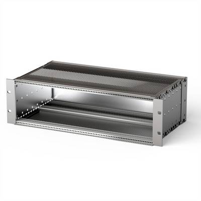 Ein leeres, metallisches Rack-Gehäuse, rechteckig geformt. Es dient zur Montage von elektronischen Modulen in Standard-Rack-Format.