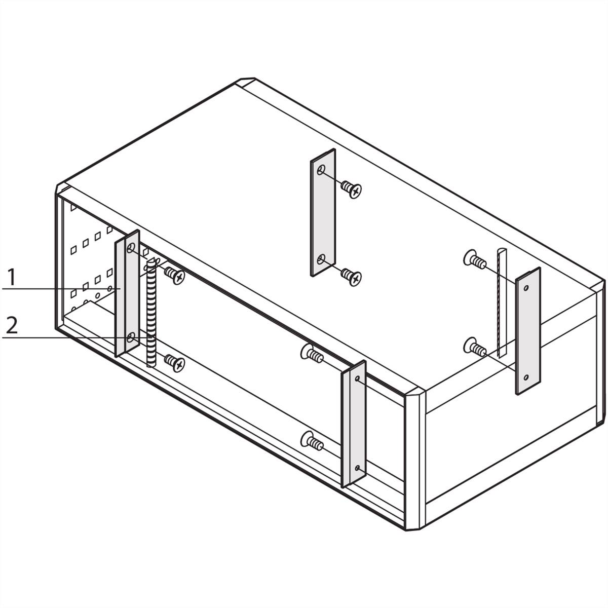 Diagramm einer rechteckigen Halterung mit zwei Metallwinkeln, Schrauben und markierten Ziffern 1 und 2 links neben Schraubenpositionen.