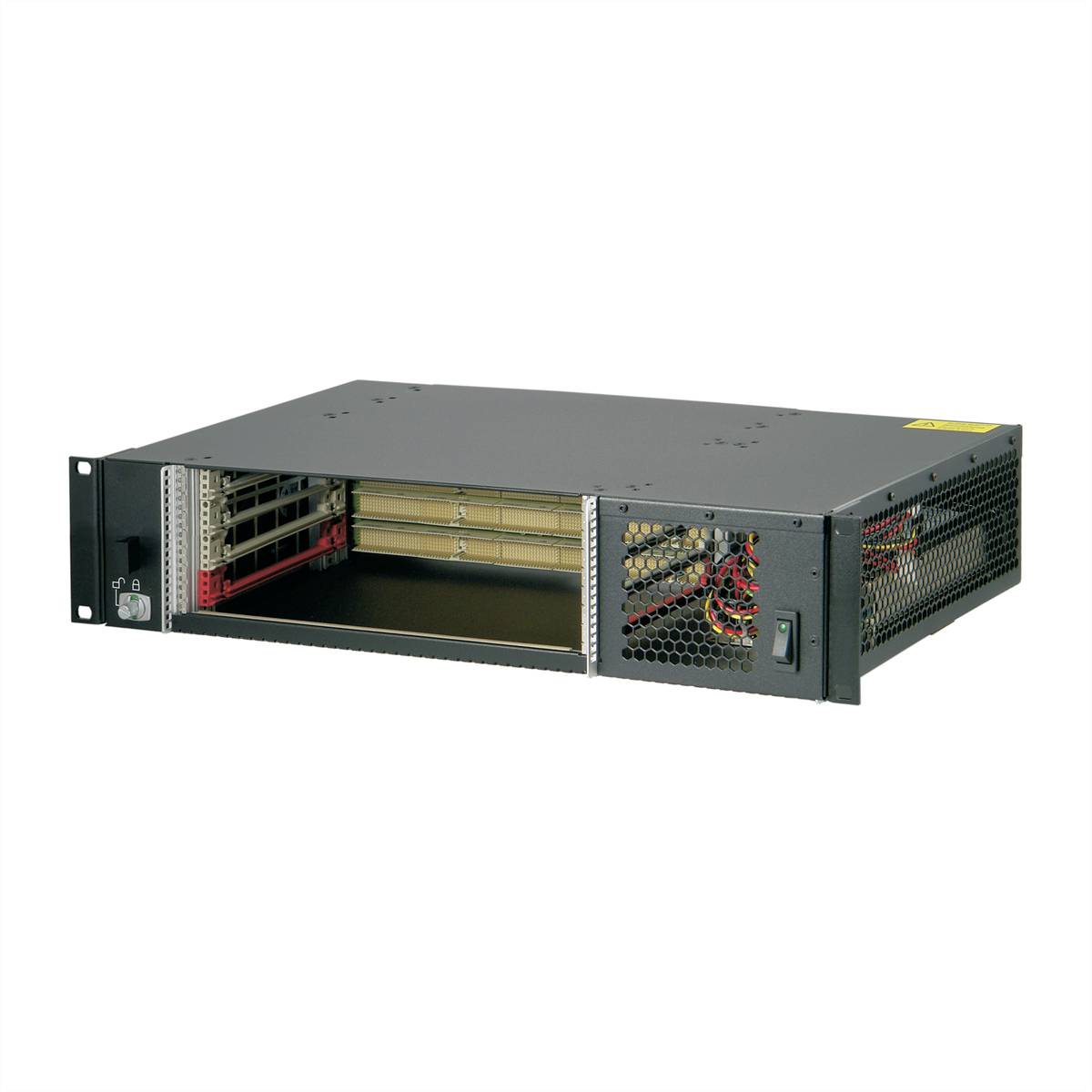 Ein offenes Rack-Gehäuse mit elektronischen Komponenten und Verkabelung. Geeignet für Netzwerk- oder Serveranwendungen.