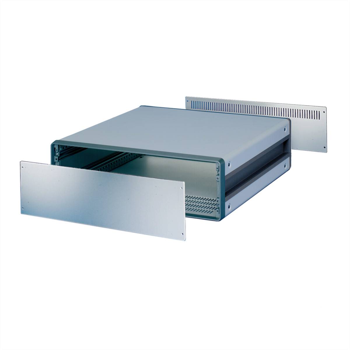 Gehäuse aus Metall mit abnehmbaren Front- und Rückplatten, geeignet für elektronische Geräte, bietet Schutz und Strukturierung.