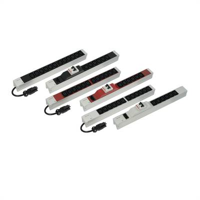 Stromleisten mit mehreren Steckplätzen und unterschiedlichen Designs; zwei schwarze und drei weiße, eine teils rot. Geeignet für Elektrogeräte.