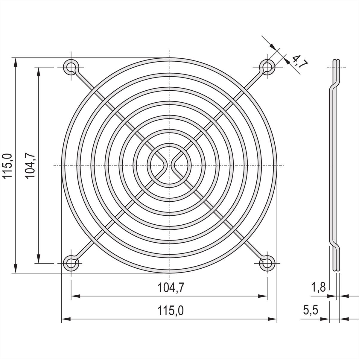 Zeichnung eines Lüftergitters mit den Maßen: Durchmesser 115 mm, 104,7 mm Innenkreis. Seitenansicht zeigt 1,8 mm Stärke, 5,5 mm Tiefe.