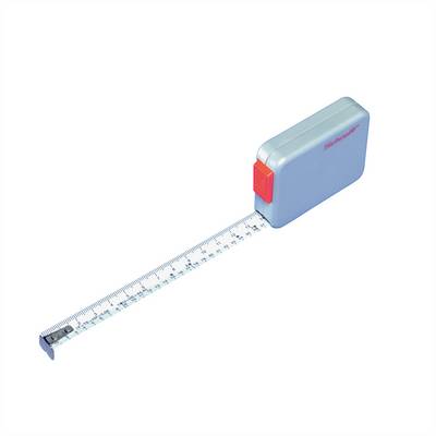 Ein blaues Maßband mit rotem Knopf ist teilweise ausgezogen und zeigt Zentimeter- und Zollangaben an.
