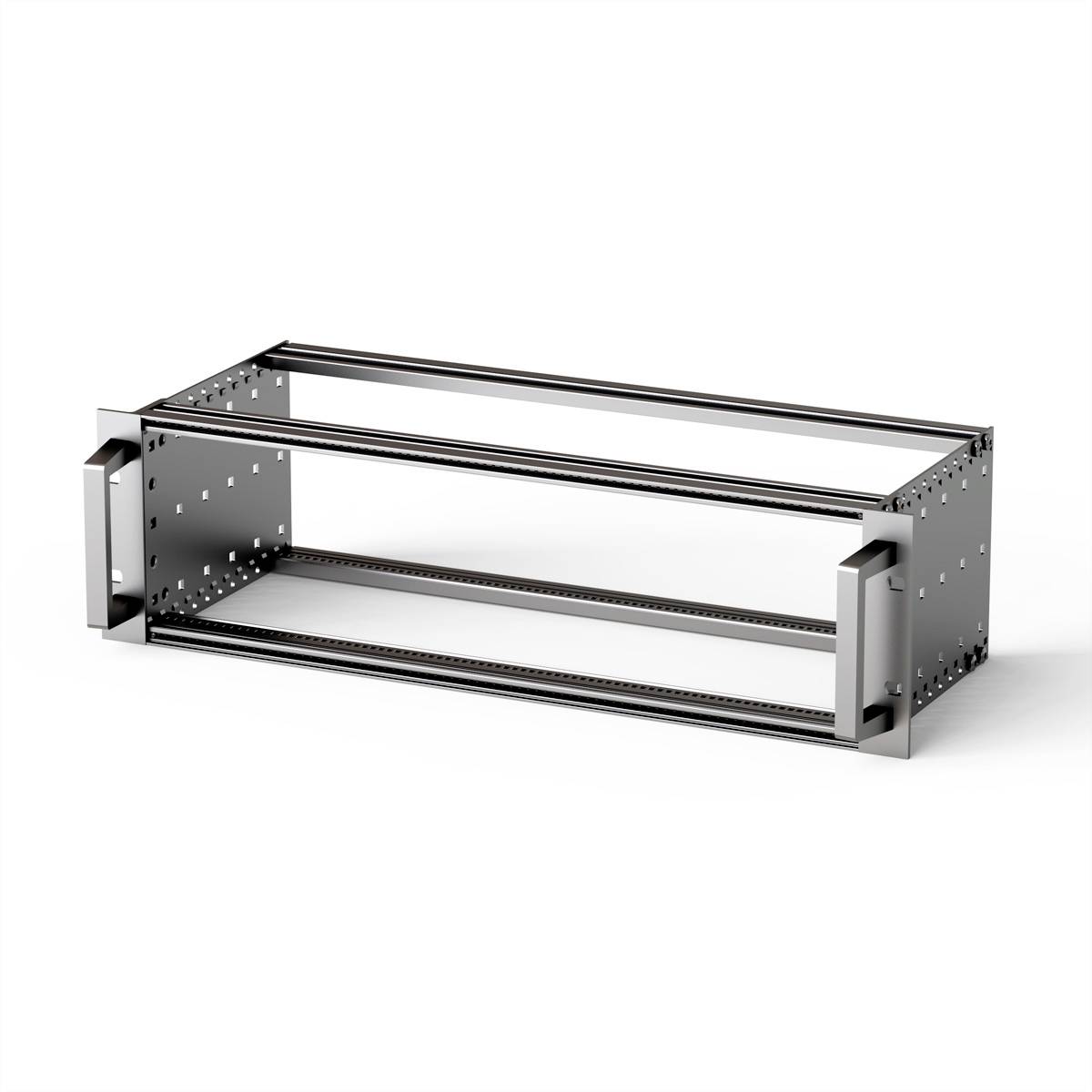 Metallrahmen mit rechteckiger Form für technische Geräte, seitlich Griffleisten. Design für Rack-Montage ohne Geräte.