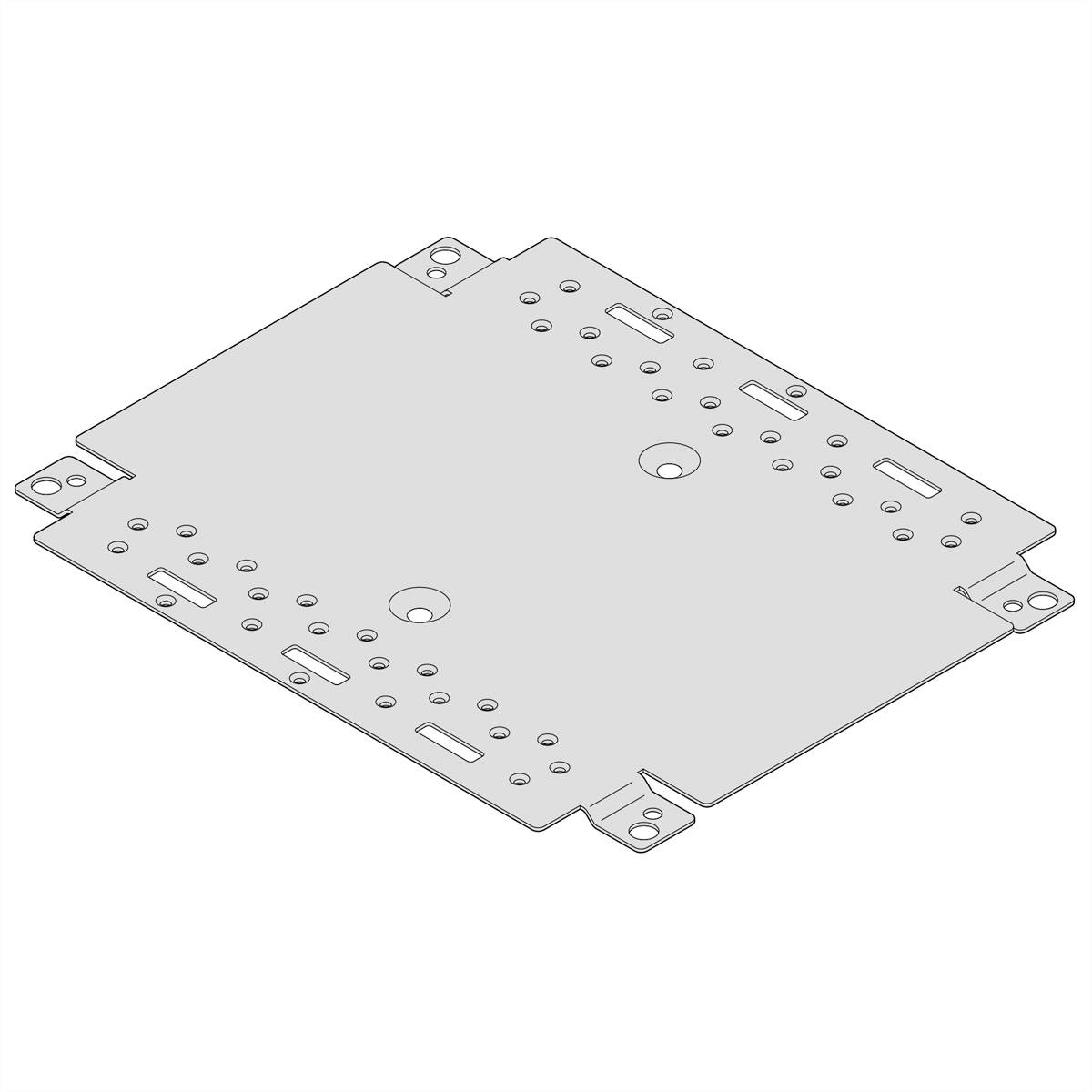 Metallplatte mit Löchern und Aussparungen, dient zur Befestigung elektronischer Komponenten in einem technischen Gerät.