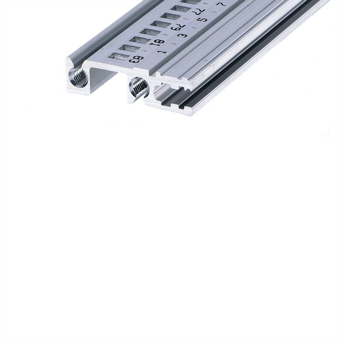 Aluminium-Montageschiene mit Skala, geeignet für die Befestigung von elektrischen Komponenten auf einer Schienenstruktur.