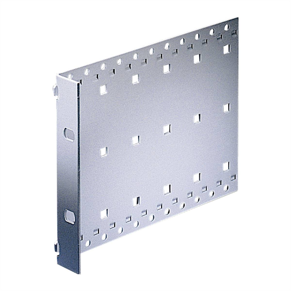 Metallplatte mit quadratischen Löchern und Befestigungselementen an der Seite, möglicherweise für Bau- oder Montagezwecke.