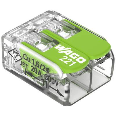 Transparenter WAGO 221 Verbindungsklemme mit grüner Abdeckung, geeignet für Kupferdraht, Nennstrom 20A und Spannung 300V.