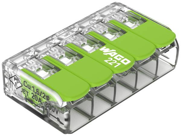 WAGO 221-425 221 Verbindungsklemme flexibel: 0.14-4 mm² starr: 0.2-4 mm² Polzahl: 5 25 St. Transparent, Grün Box