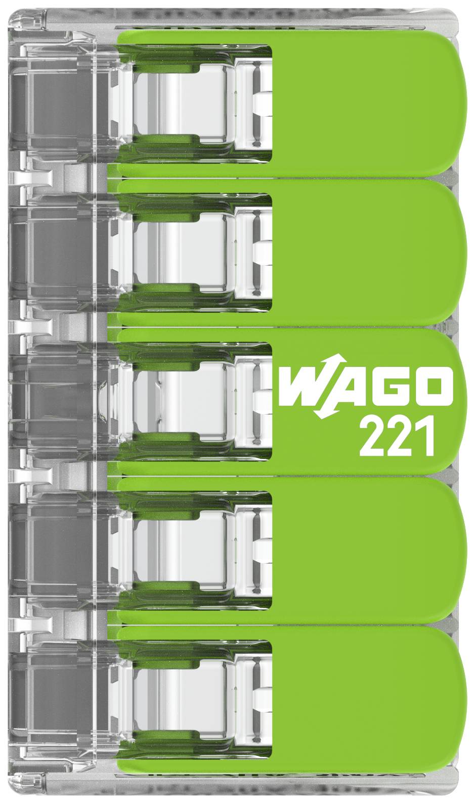 Transparenter Kompaktsteckverbinder mit fünf grünen Hebeln, geeignet für Klemmverbindungen in elektrischen Installationen. Markenaufdruck 'WAGO 221'.