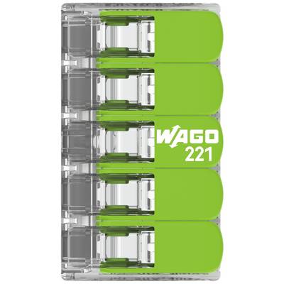 Transparenter Kompaktsteckverbinder mit fünf grünen Hebeln, geeignet für Klemmverbindungen in elektrischen Installationen. Markenaufdruck 'WAGO 221'.