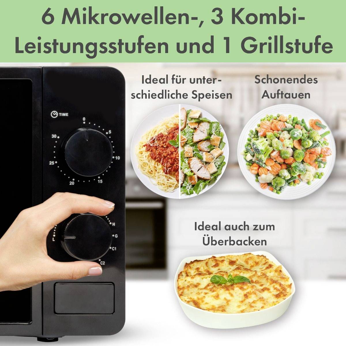 'Mikrowelle mit 6 Leistungsstufen und Grillfunktion. Ideal für verschiedene Speisen: Nudeln mit Gemüse, Bohnen und Auflauf.'
