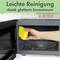 'Mikrowelle offen mit glattem Innenraum; Hand wischt mit gelbem Schwamm, begleitet von Text: Leichte Reinigung dank glattem Innenraum.'
