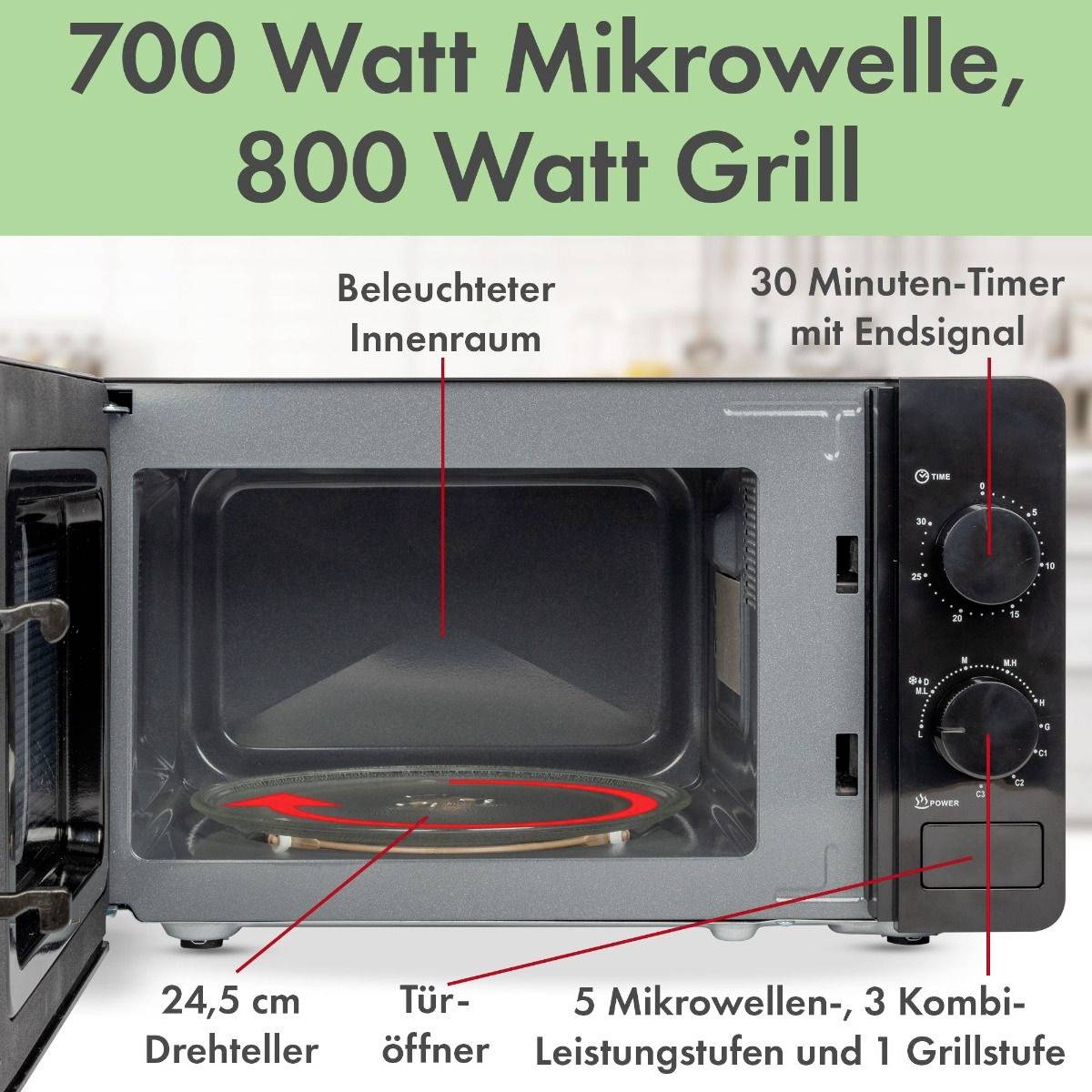 '700 Watt Mikrowelle, 800 Watt Grill. Innenraumbeleuchtung, 30 Minuten-Timer mit Endsignal, 24,5 cm Drehteller, Türöffner.'