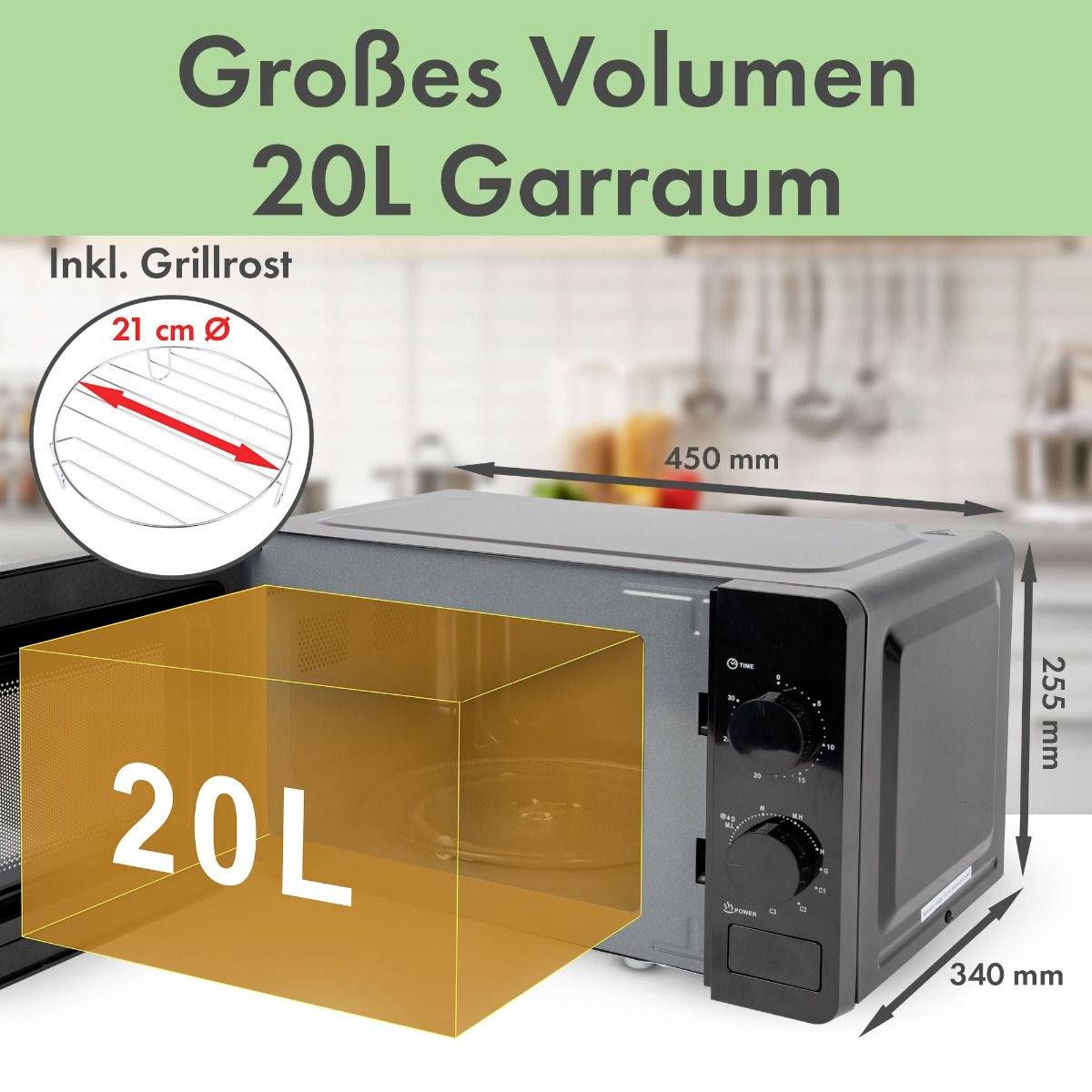 'Mikrowelle mit 20-Liter-Garraum, inklusive Grillrost. Maße: 450 mm x 340 mm x 255 mm. Diagramm zeigt ein 21 cm Grillrost im Inneren.'