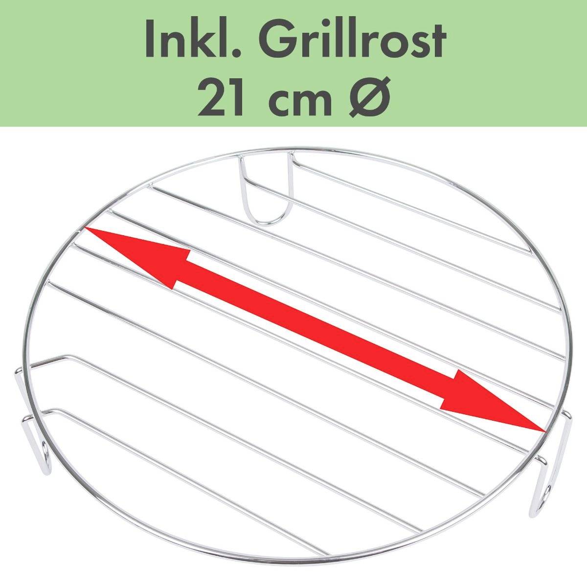 'Runder Grillrost, 21 cm Durchmesser, mit abgebildetem roten Pfeil zum Messen.'