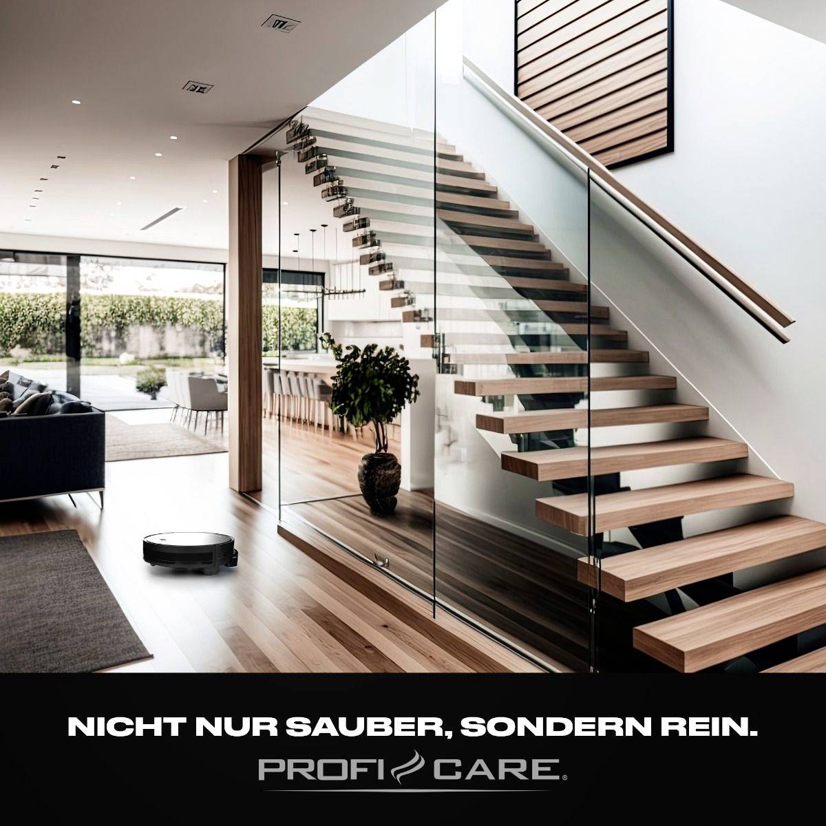 Ein moderner Wohnraum mit einem Treppenaufgang aus Holz und Glas. Auf dem Boden ein autonomer Staubsauger. Text: 'Nicht nur sauber, sondern rein.'