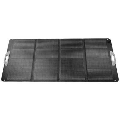 Ein tragbares, faltbares Solarpanel mit vier Segmenten und Griffen an den Seiten. Ideal für unterwegs zur Stromerzeugung.