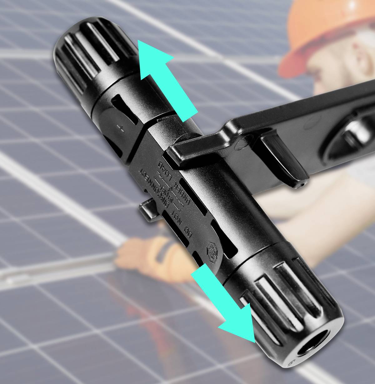 'Werkzeug zur Installation von Solarpanelen, Nahaufnahme der schwarzen Halterung mit Pfeilen, die Montagebewegung anzeigen.'