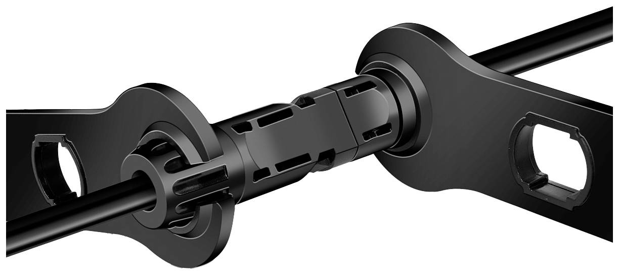 Schwarzes, mechanisches Verbindungsteil bestehend aus zwei Endstücken und einem zentralen Koppelstück, verbunden durch ein Kabel.