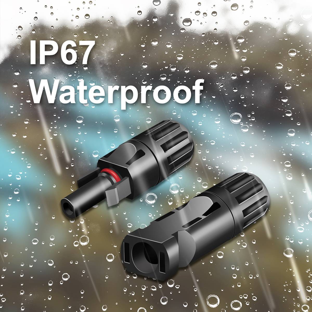 Zwei wasserdichte Steckverbinder auf einem regnerischen Hintergrund. Text: 'IP67 Waterproof'.