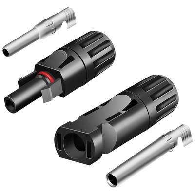 Zwei schwarze Steckverbinder mit roten Dichtungen und Metallkontakten; für elektrische Verbindungen, oft in Solaranlagen verwendet.