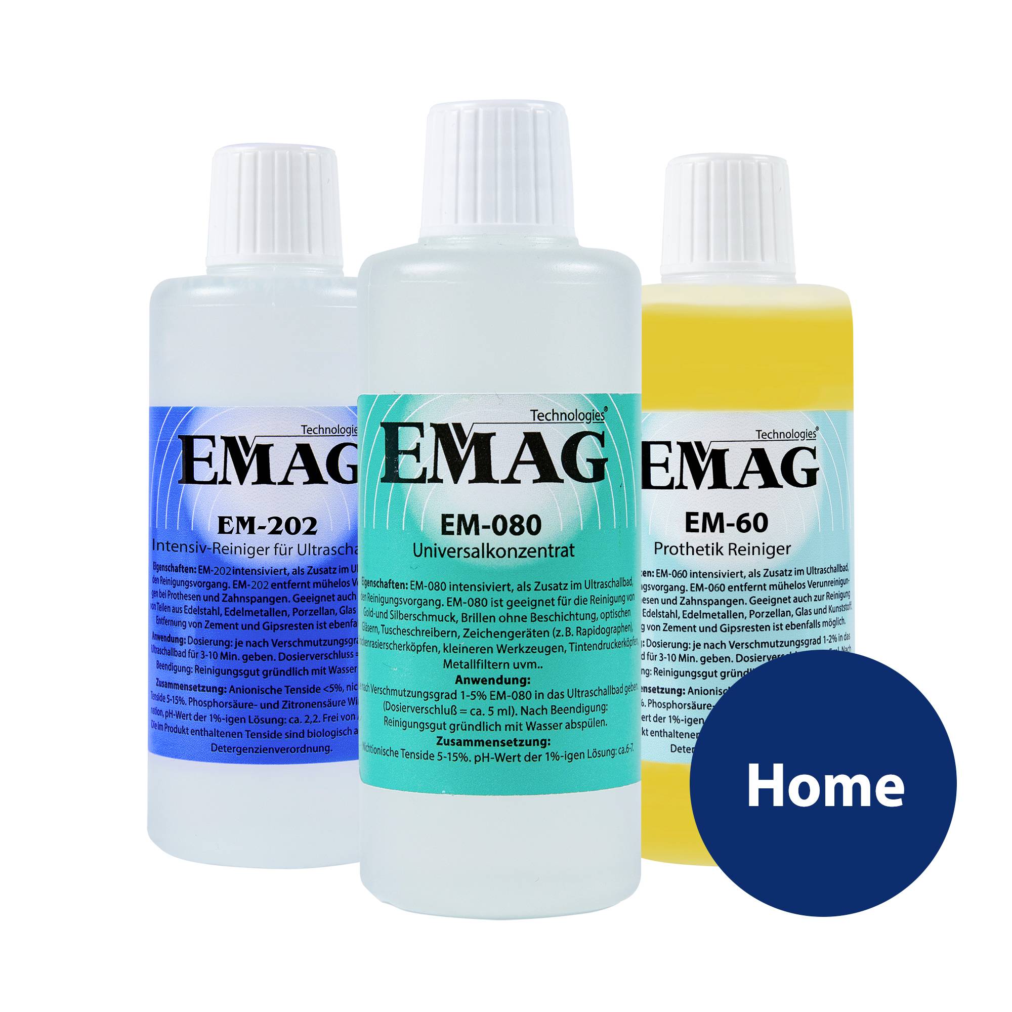 Produktbild von drei EMAG-Reinigungslösungen: 'EM-202' für Ultraschall, 'EM-080' Universalkonzentrat, 'EM-60' Prothesenreiniger.