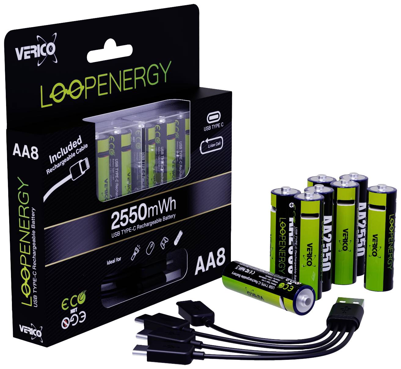 'LoopEnergy AA8' Akkupack mit USB-C-Ladekabel, Kapazität 2550 mWh. Verpackung zeigt vier Batterien und Ladekabel.