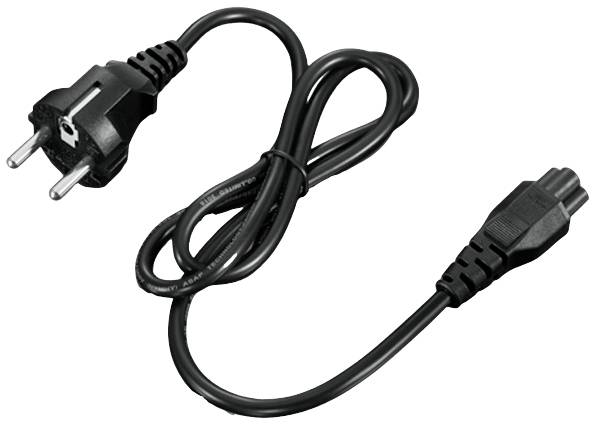 Ein europäisches Stromkabel mit einem Stecker auf der linken Seite und einem Gerätestecker auf der rechten Seite, schwarz ummantelt.