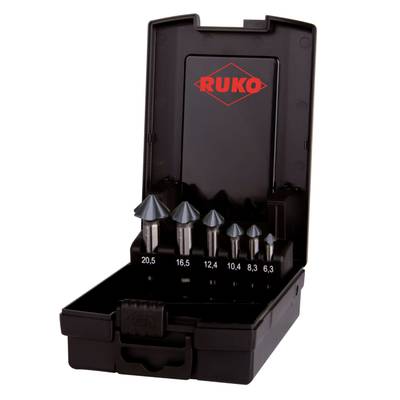 Ein Set von sechs Kegelsenker in einer offenen, schwarzen Aufbewahrungsbox, mit Größen von 6,3 bis 20,5 mm. Markenzeichen 'Ruko' sichtbar.