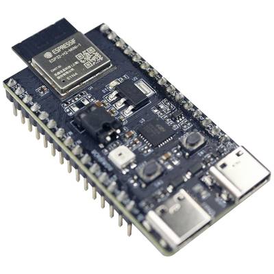 Ein Mikrocontroller-Board mit aufgedruckter Beschriftung 'ESPRESSIF ESP32-WROOM-32E'. Sichtbare Pins und elektronische Bauteile.